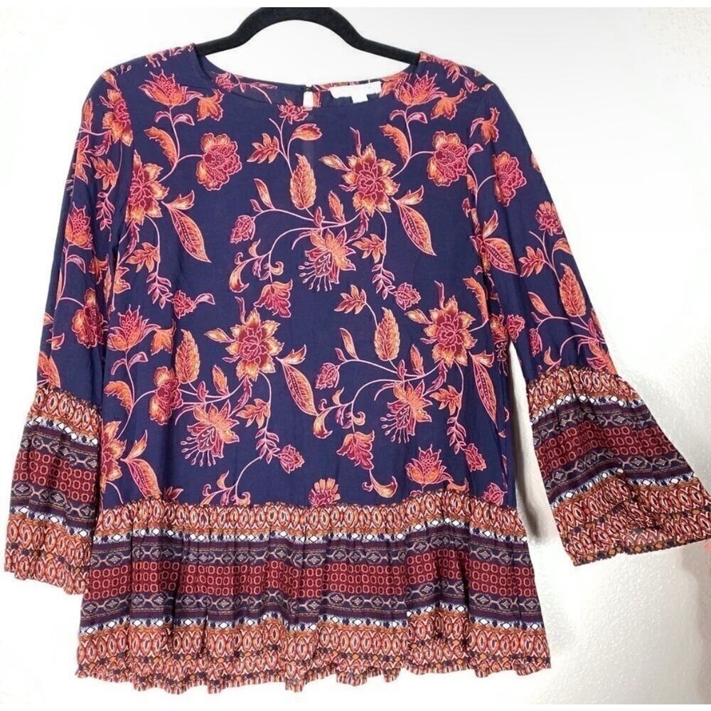 BeachLunchLounge Boho Floral Peplum Top Small Navy Orange Bell Sleeve Festival